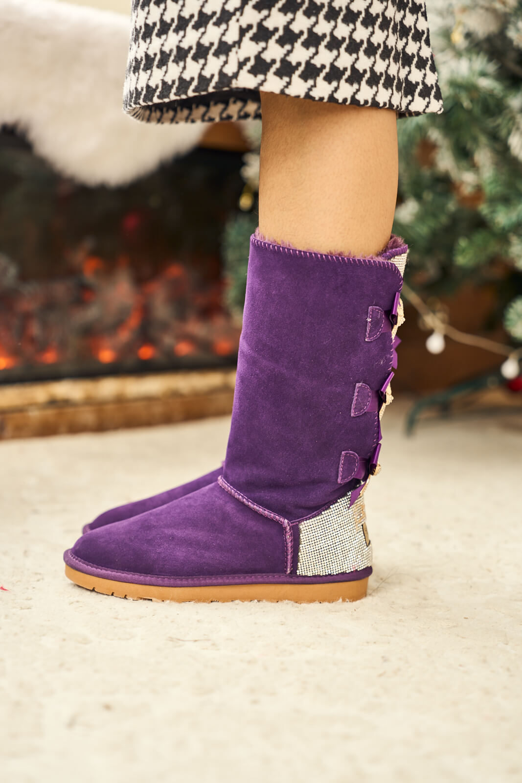 SMAIBULUN Ugg | Rhinestone Ribbon Tri-Tie Bow Suede Boots - violet