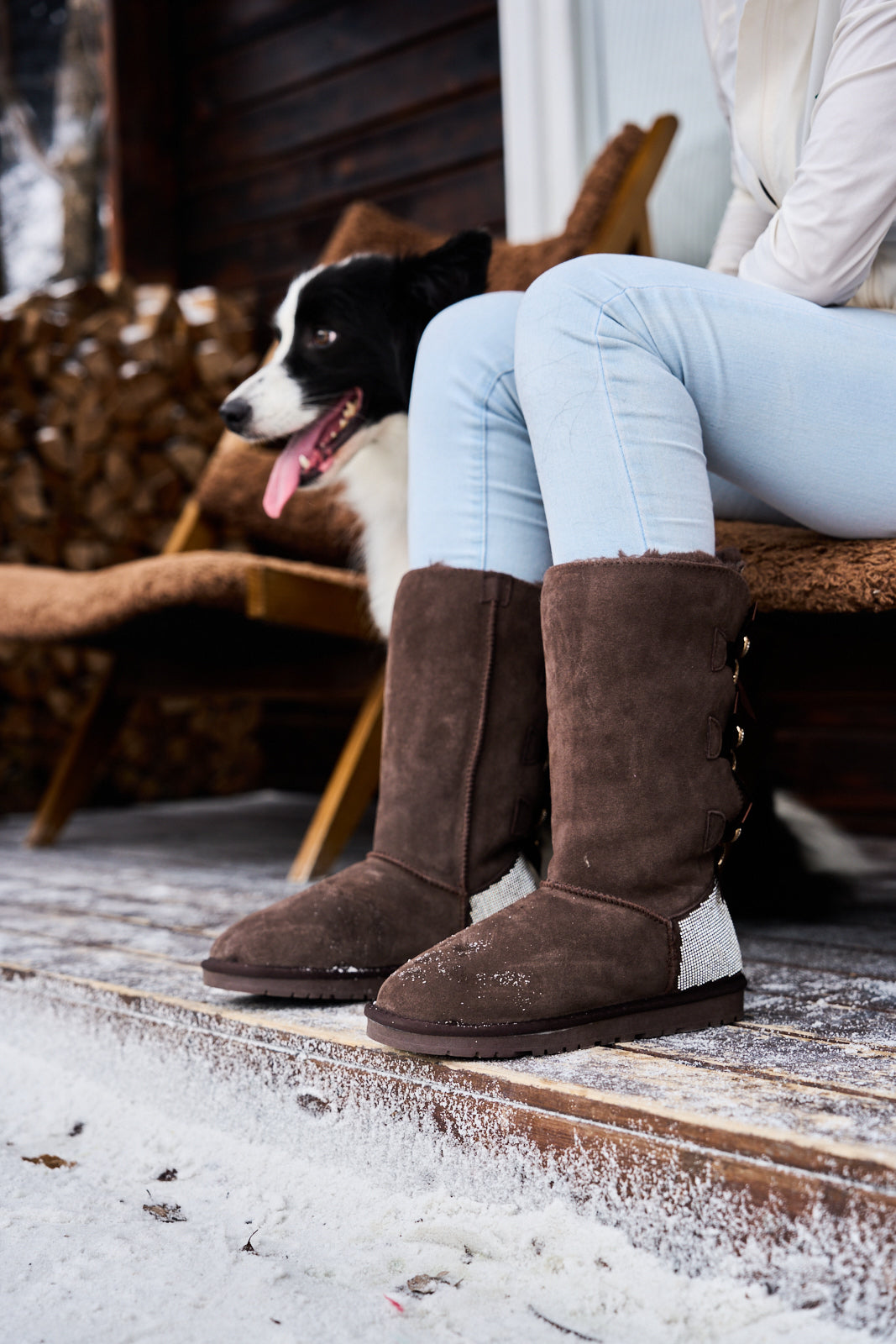 SMAIBULUN Ugg | Rhinestone Ribbon Tri-Tie Bow Suede Boots - brown