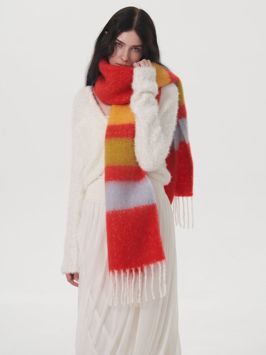 Dopamine Wool Blend Stripe Tassel Blanket Scarf - Red