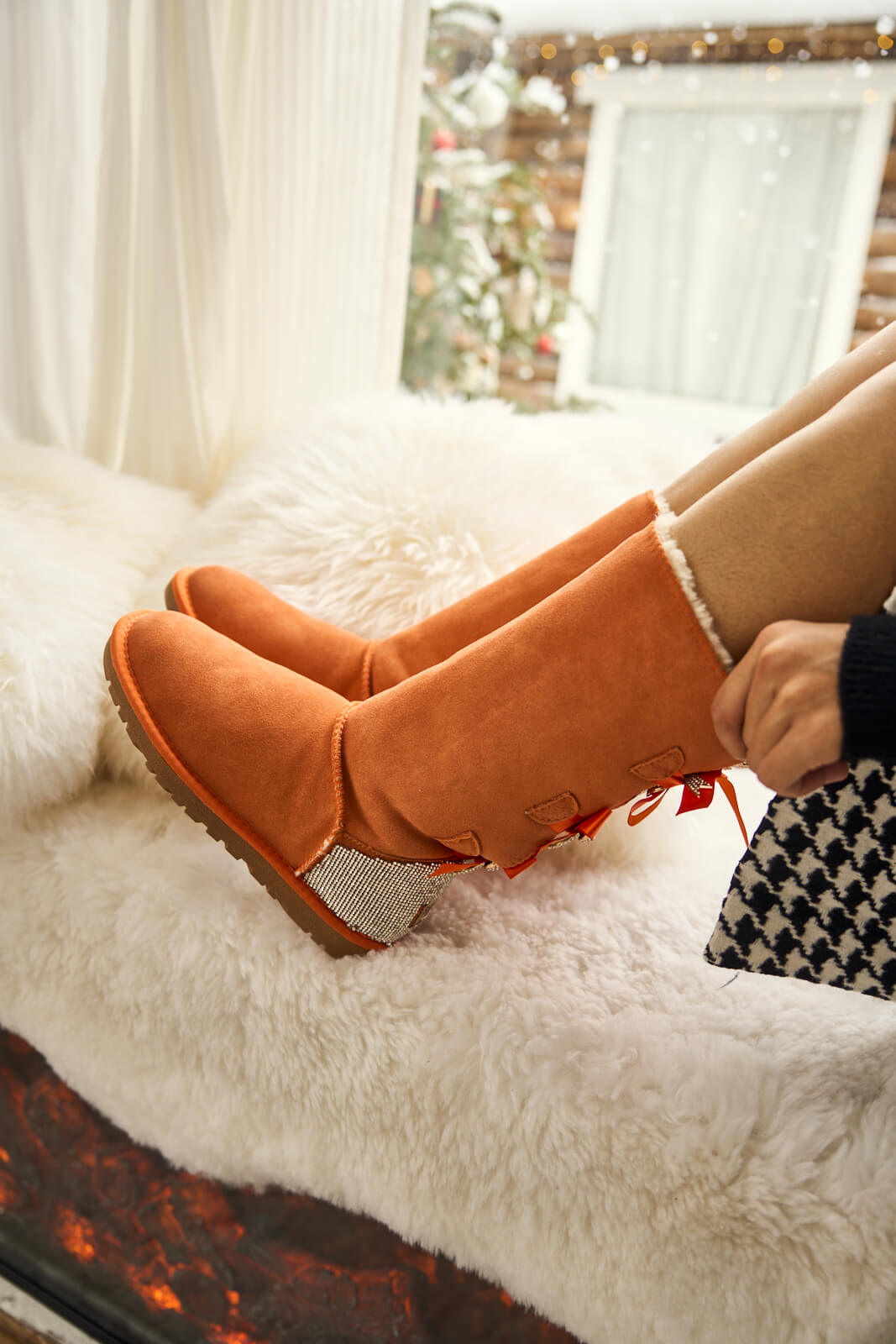 SMAIBULUN Ugg | Rhinestone Ribbon Tri-Tie Bow Suede Boots - tangerine