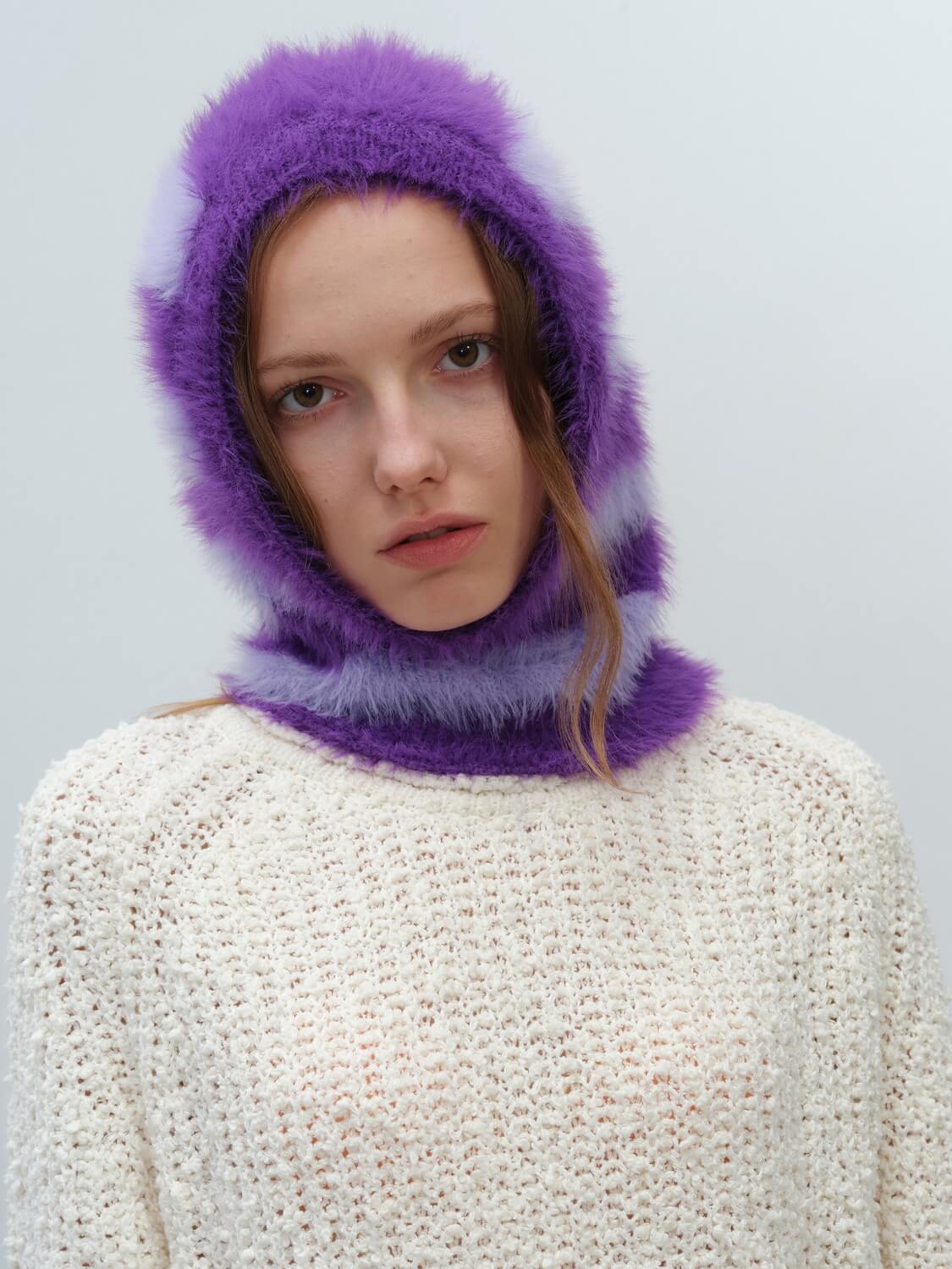 French Style Faux Mink Fur Balaclava Knit Hat - purple