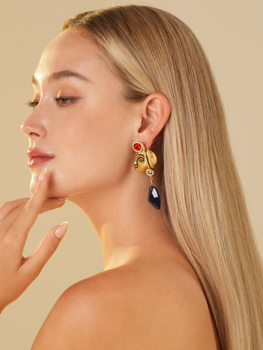 Maya Totem Avatar Gold Plated Sapphire Drop Earrings