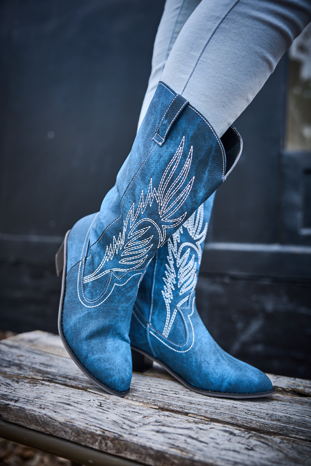 En Bloom | Vinny Wing Embroidered Western Knee Boots - Denim