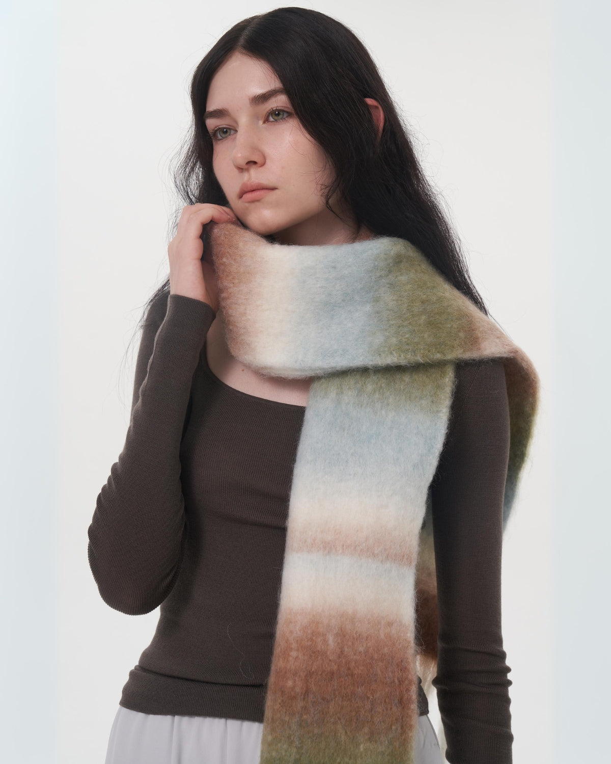 Mohair Gradient Wool Blend Tassel Blanket Scarf - Brown