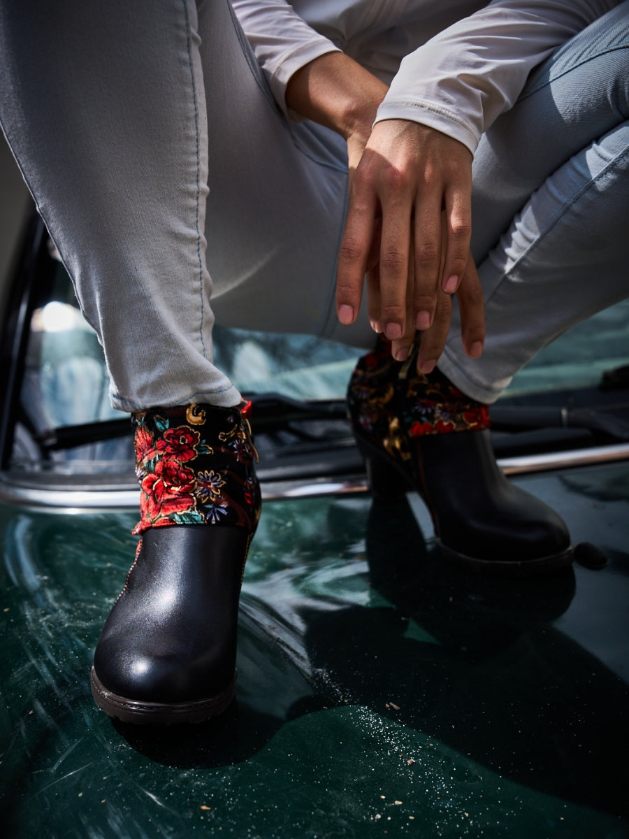 Soffia | Miena Floral Jacquard Leather Ankle Boots