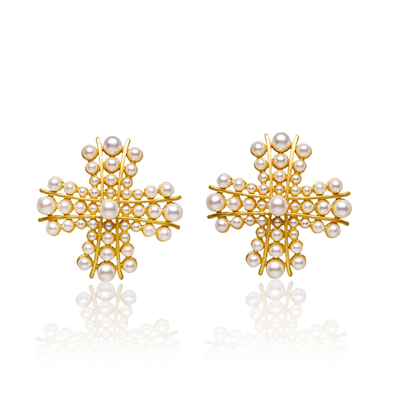 Cross Pearl Gold Plated Stud Earrings