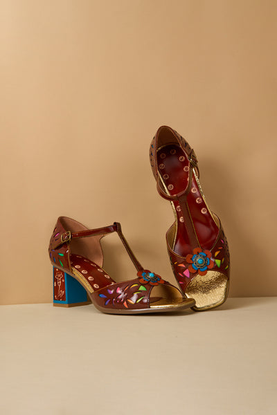 Soffia | Roselynn Floral Perforated T-Strap Pump