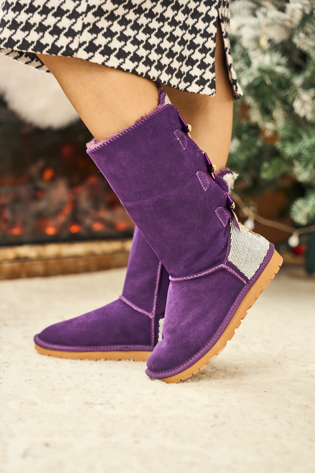 SMAIBULUN Ugg | Rhinestone Ribbon Tri-Tie Bow Suede Boots - violet