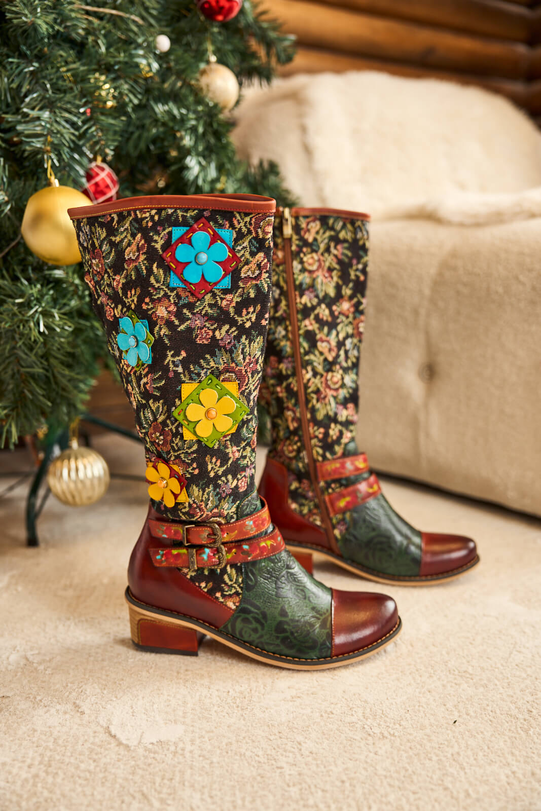 Soffia | Falling Petals Floral Knee-High Leather Boots