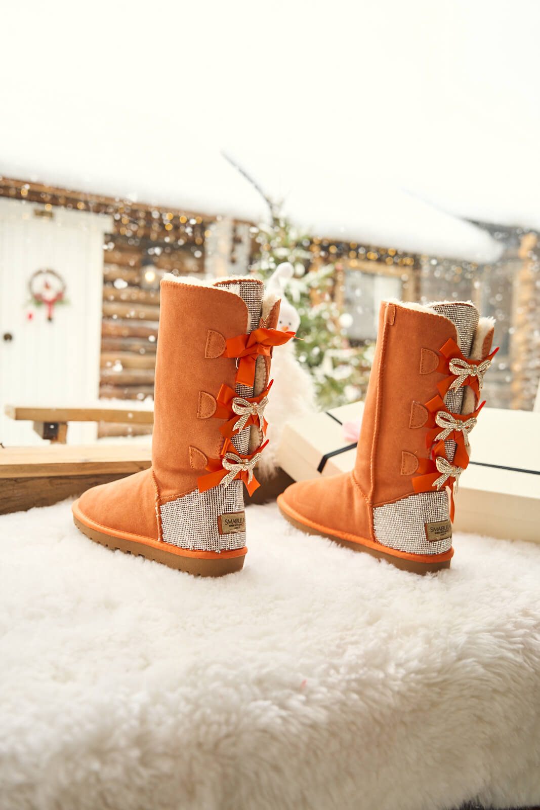 SMAIBULUN Ugg | Rhinestone Ribbon Tri-Tie Bow Suede Boots - tangerine