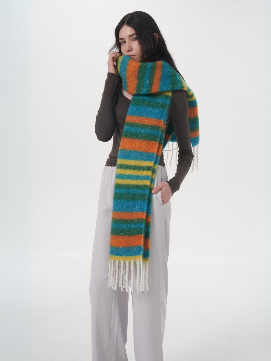 Dopamine Wool Blend Stripe Tassel Blanket Scarf - Green