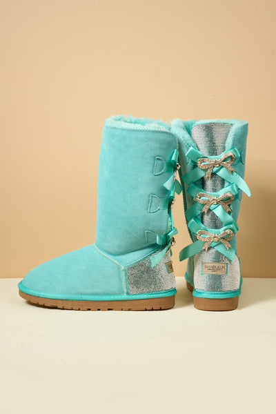 SMAIBULUN Ugg | Rhinestone Ribbon Tri-Tie Bow Suede Boots - turquoise