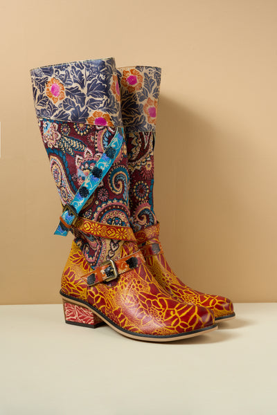 Soffia | Rheana Paisley Floral Jacquard Leather Knee-High Boots