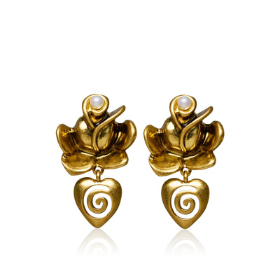 Heart Bloom Gold Plated Pearl Drop Earrings