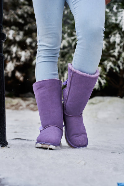 SMAIBULUN Ugg | Rhinestone Ribbon Tri-Tie Bow Suede Boots - lavender