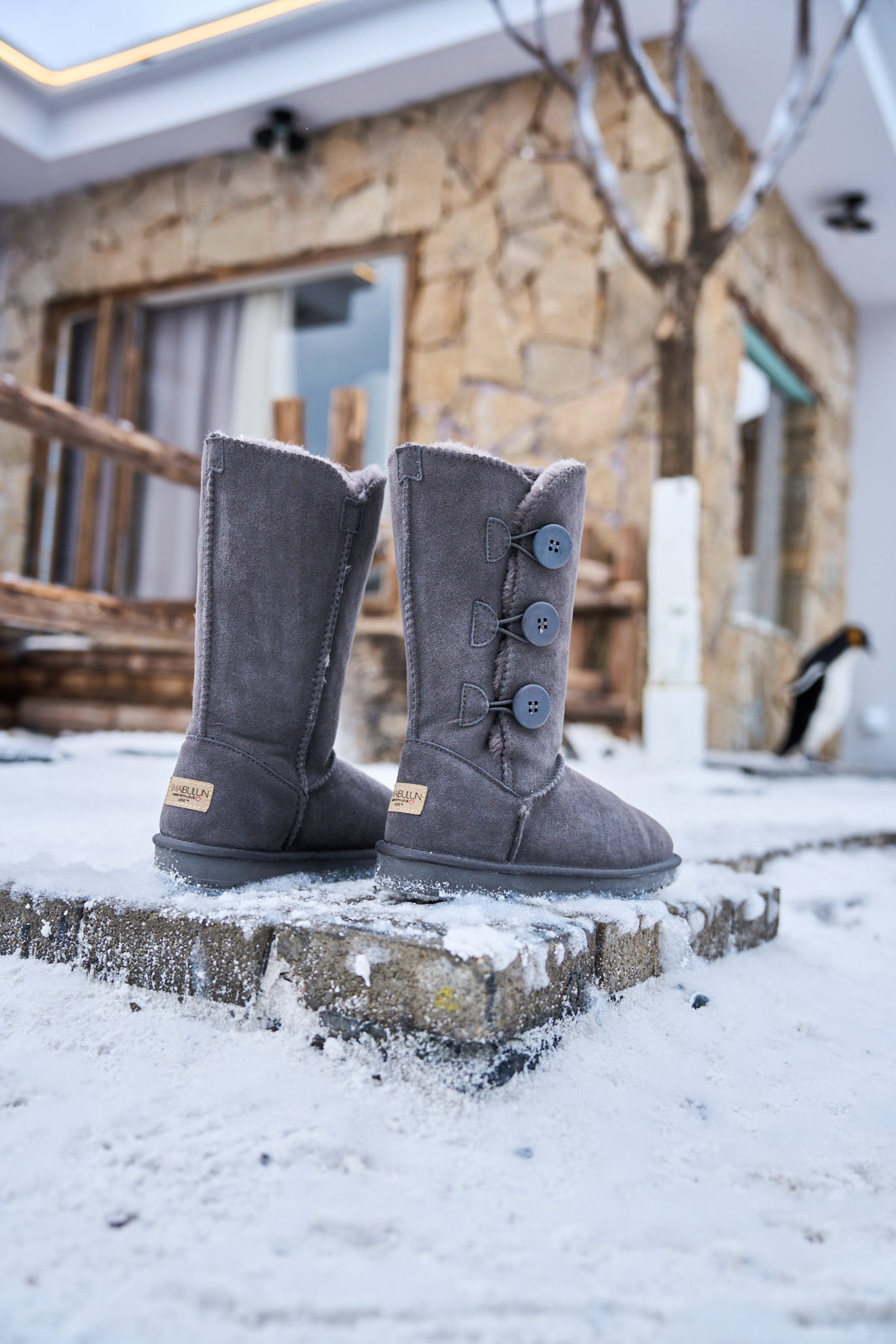 SMAIBULUN Ugg | Side Button Faux Fur-Lined Leather Suede Boots - grey