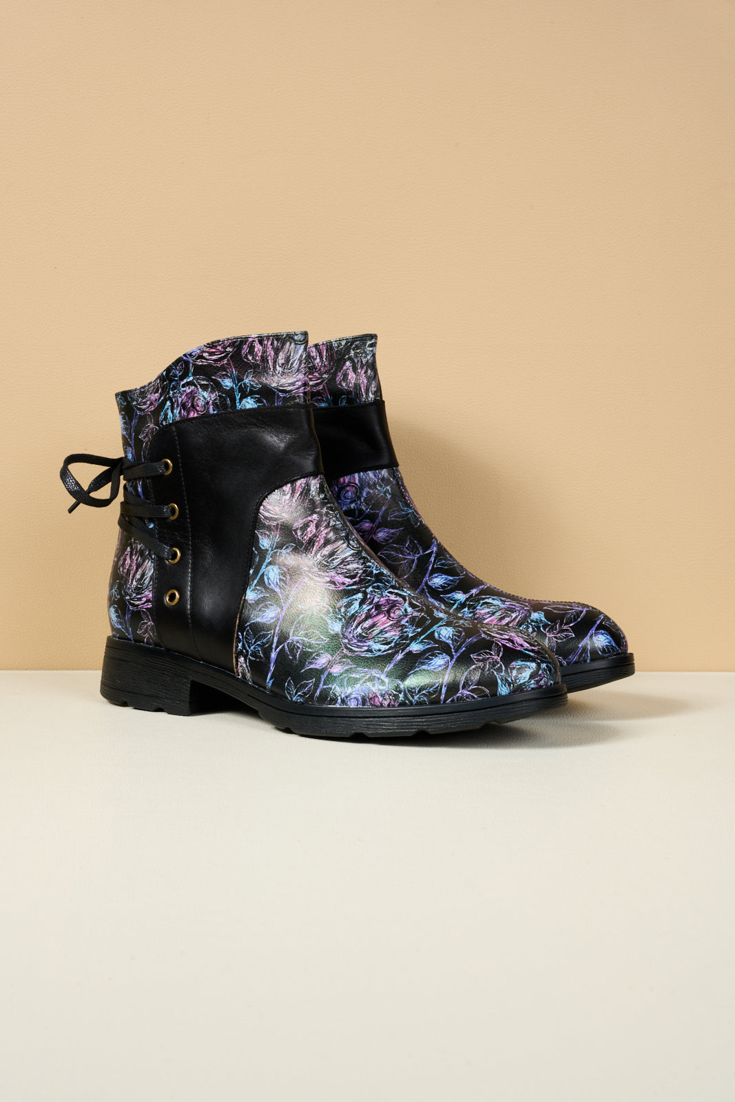 Soffia | Autumn Fields Floral Leather Ankle Booties - Black