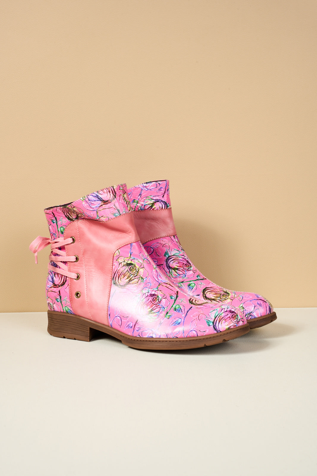 Soffia | Autumn Fields Floral Leather Ankle Booties - Pink