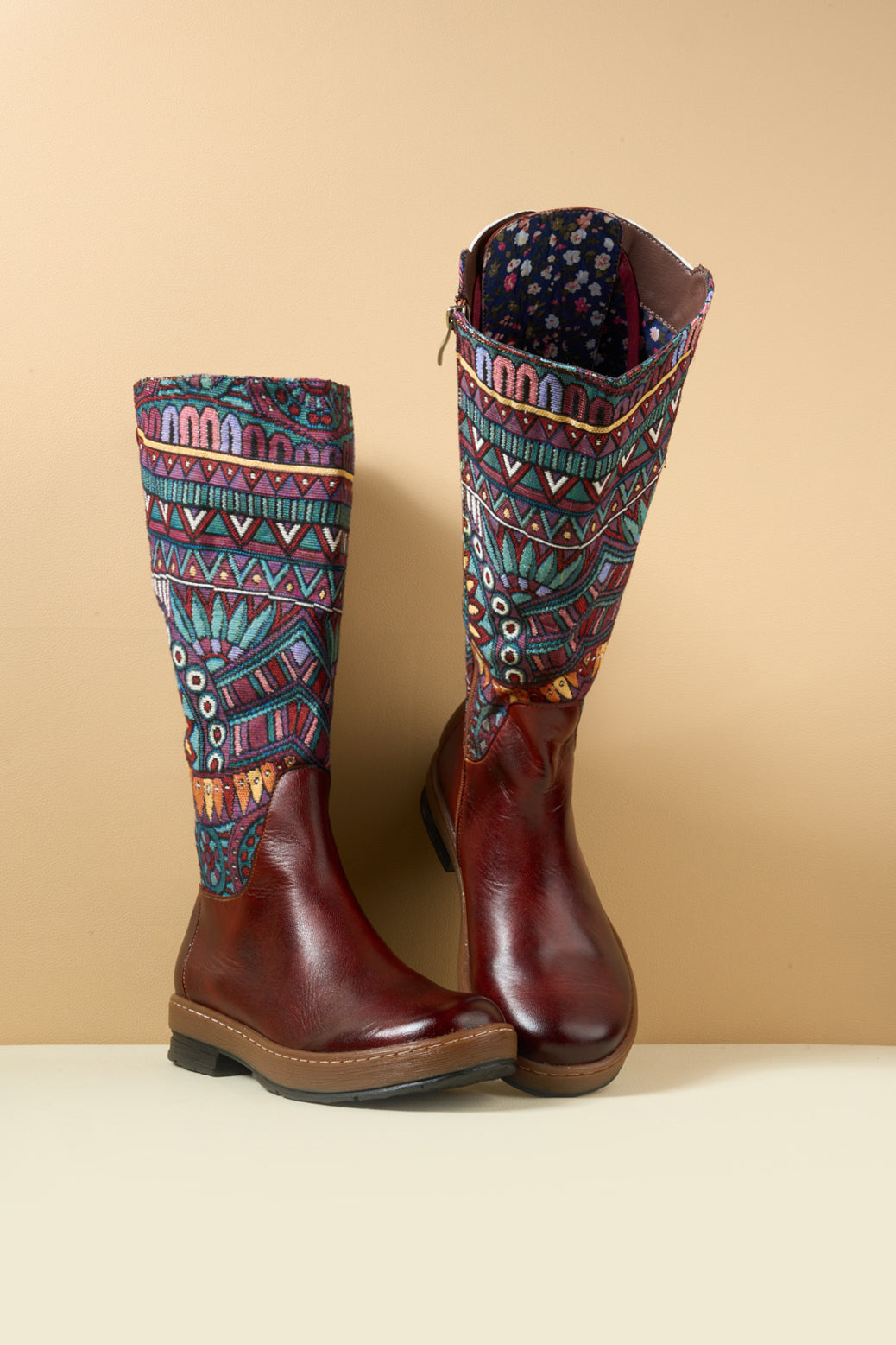 Soffia | Folks Ethnic Embroidery Leather Knee-High Boots