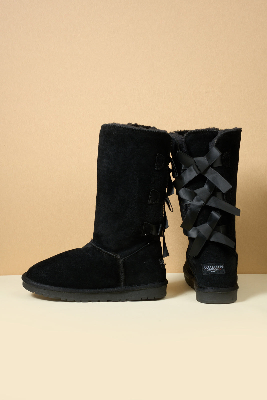 SMAIBULUN Ugg | Tri Ribbon Bow Suede Boots - Black