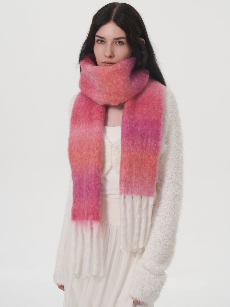 Mohair Gradient Wool Blend Tassel Blanket Scarf - Pink