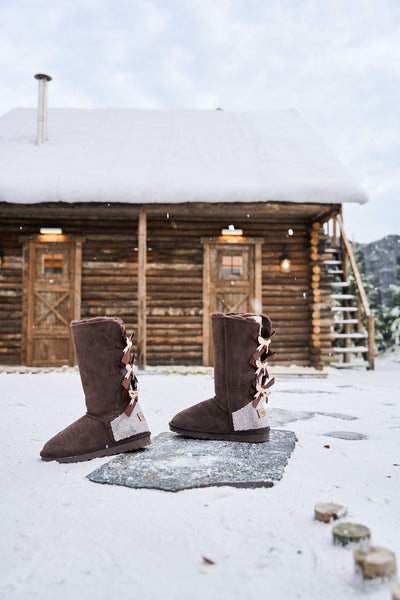 SMAIBULUN Ugg | Rhinestone Ribbon Tri-Tie Bow Suede Boots - brown