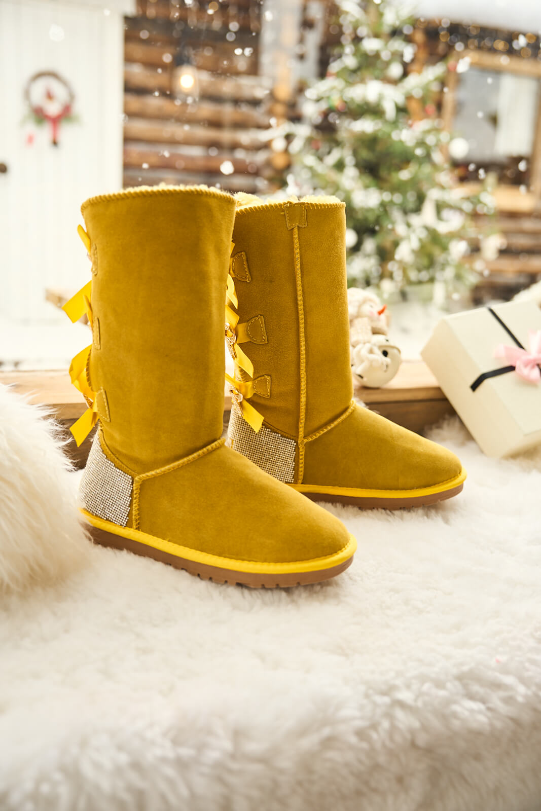 SMAIBULUN Ugg | Rhinestone Ribbon Tri-Tie Bow Suede Boots - lemon