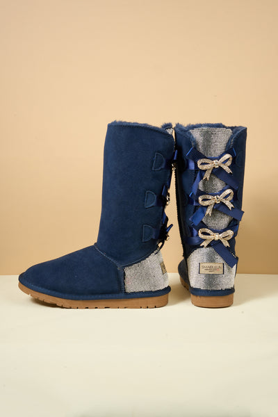 SMAIBULUN Ugg | Rhinestone Ribbon Tri-Tie Bow Suede Boots - Navy