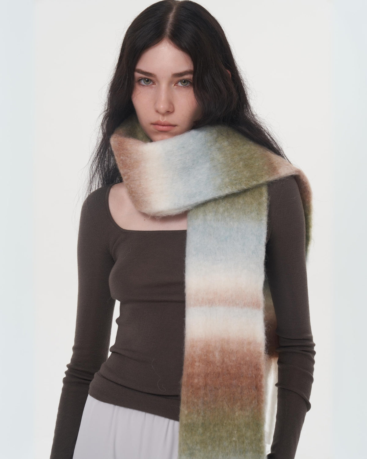 Mohair Gradient Wool Blend Tassel Blanket Scarf - Brown