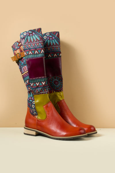 Soffia | Cozy Up Abstract Embroidered Leather Knee-High Boots