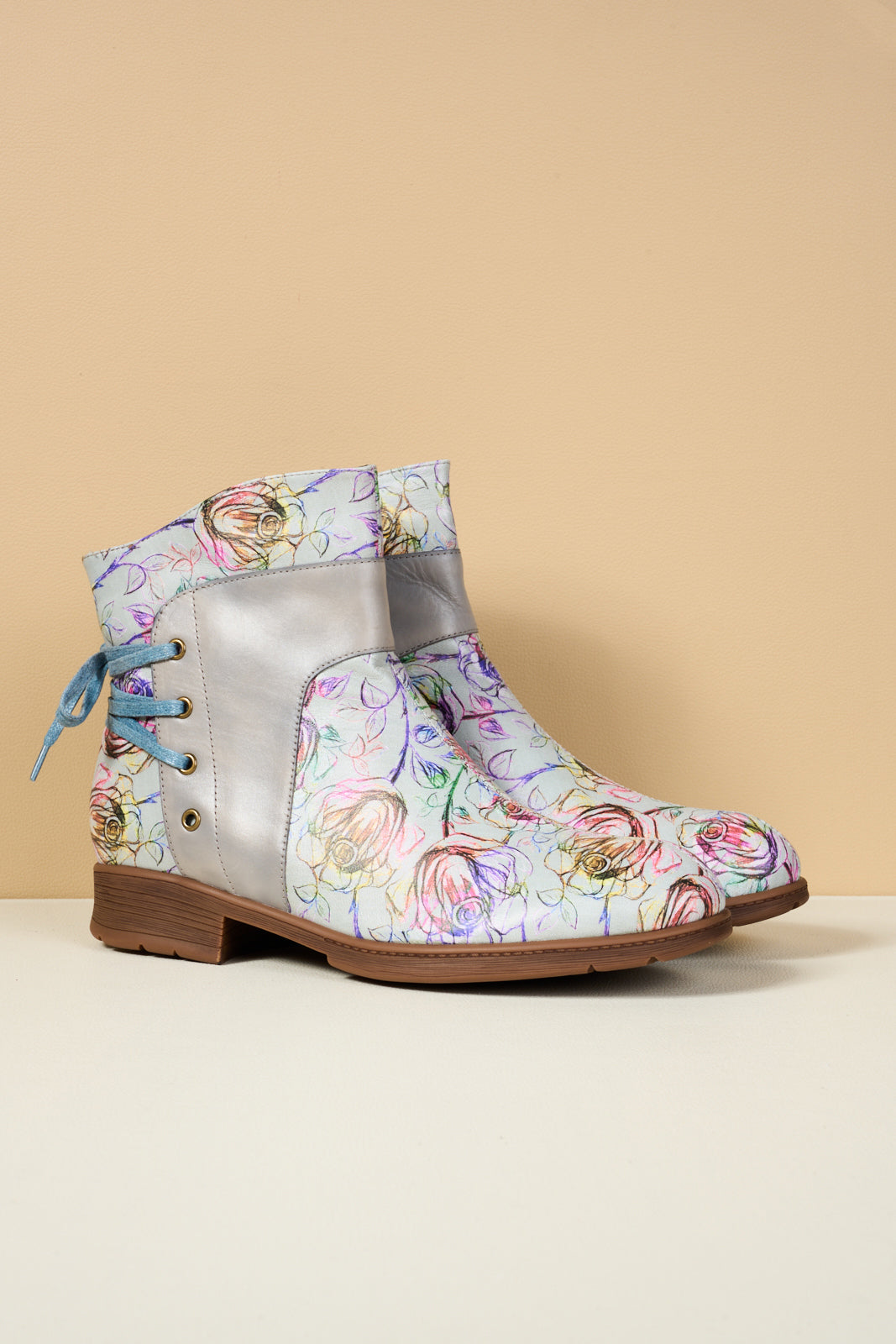 Soffia | Autumn Fields Floral Leather Ankle Booties - Grey