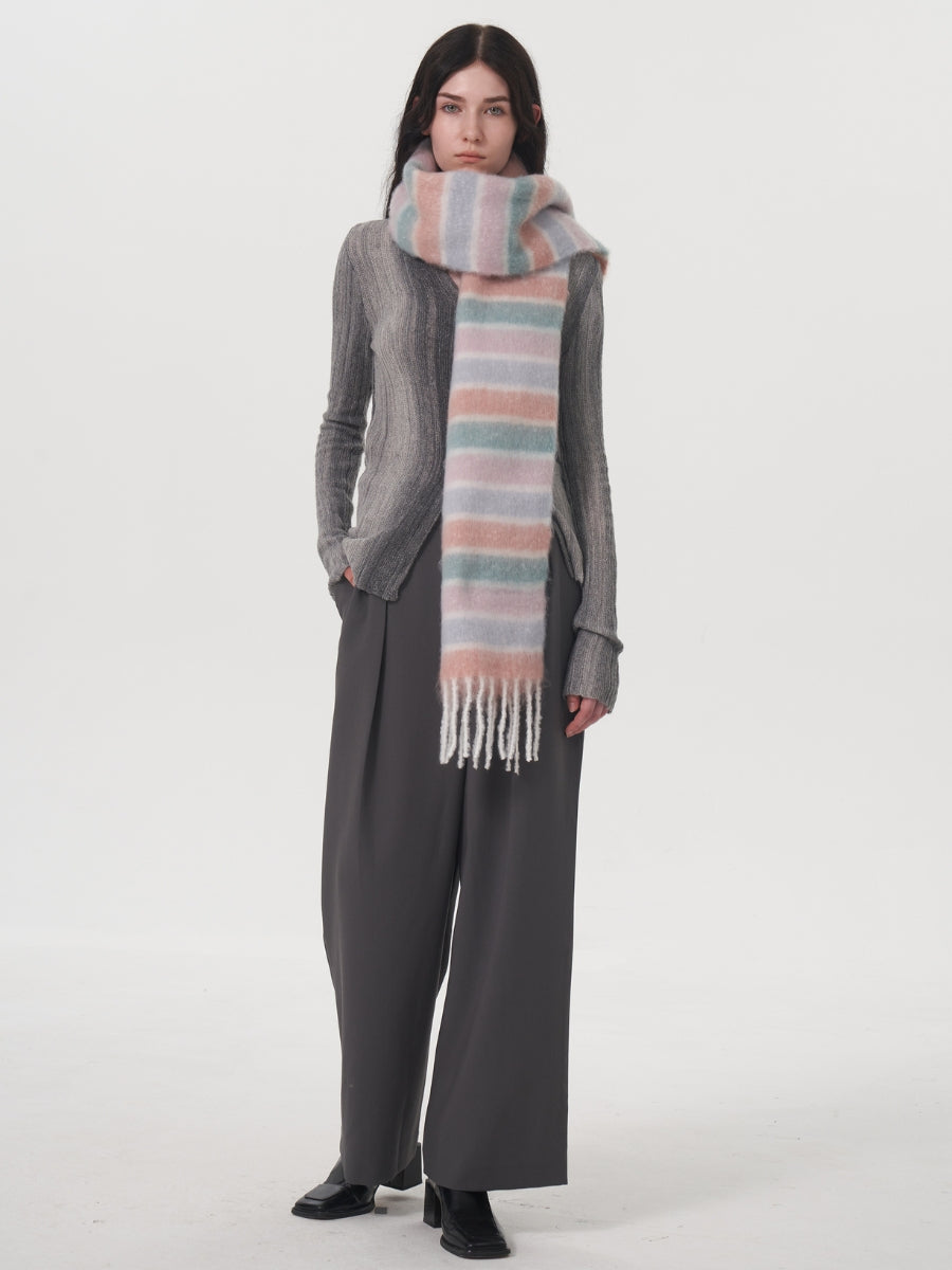 Dopamine Wool Blend Stripe Tassel Blanket Scarf - Pink