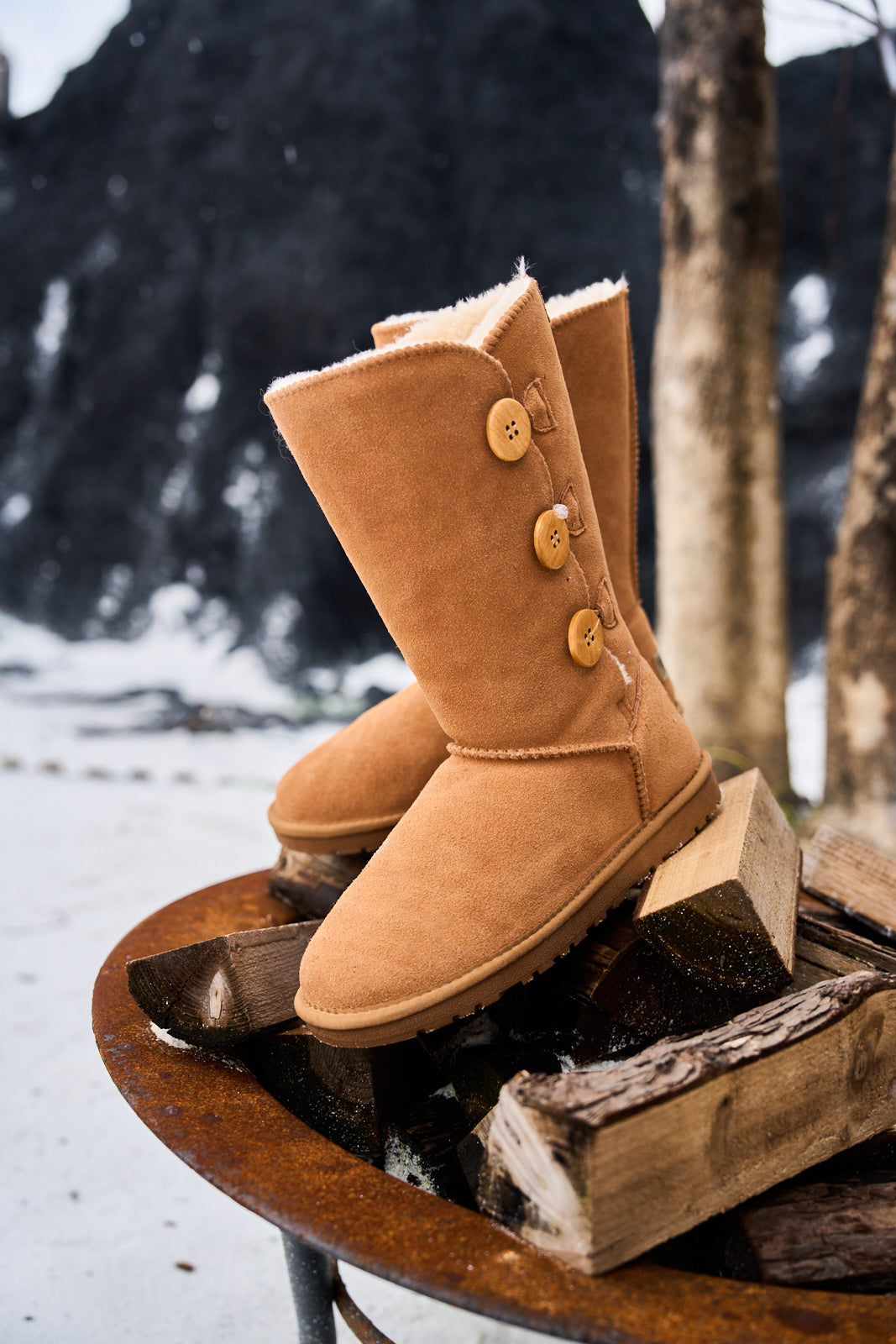 SMAIBULUN Ugg | Side Button Faux Fur-Lined Leather Suede Boots - chestnut