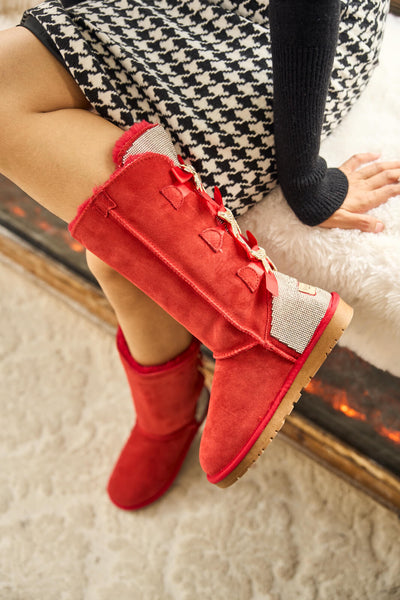 SMAIBULUN Ugg | Rhinestone Ribbon Tri-Tie Bow Suede Boots - candy