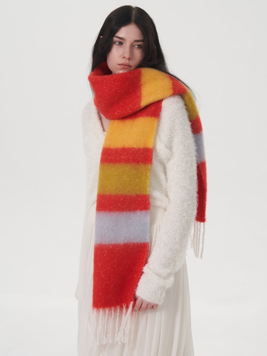 Dopamine Wool Blend Stripe Tassel Blanket Scarf - Red