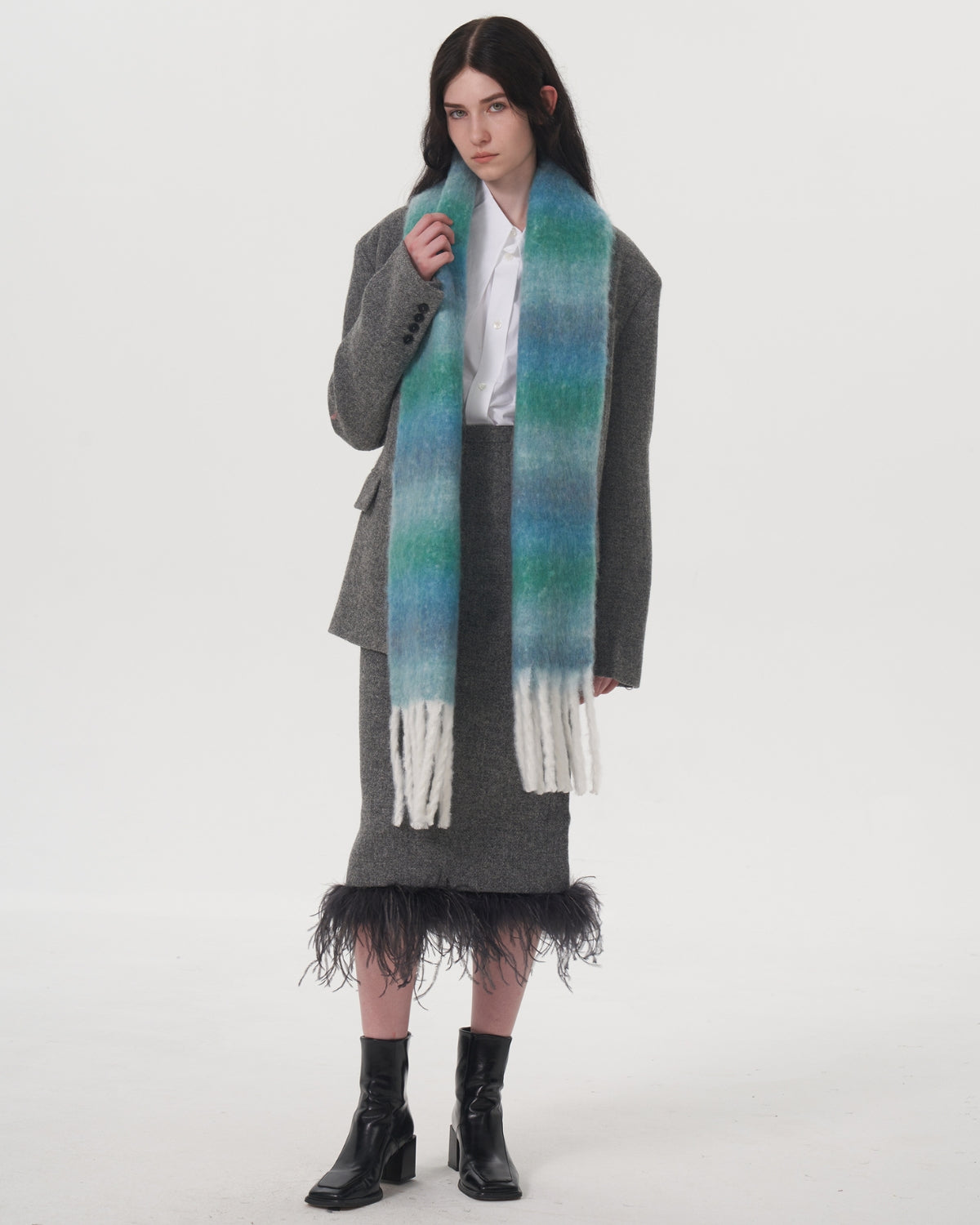 Mohair Gradient Wool Blend Tassel Blanket Scarf - Teal