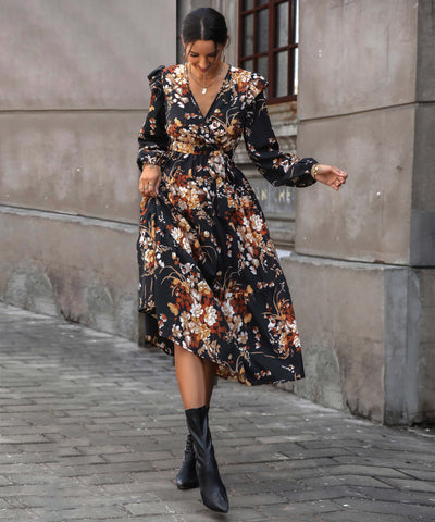 Harvest Love Floral Print Tiered Midi Dress