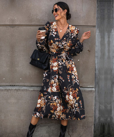 Harvest Love Floral Print Tiered Midi Dress