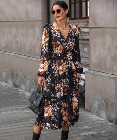 Harvest Love Floral Print Tiered Midi Dress