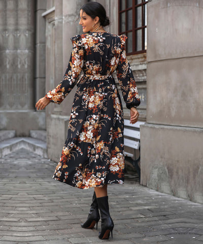 Harvest Love Floral Print Tiered Midi Dress