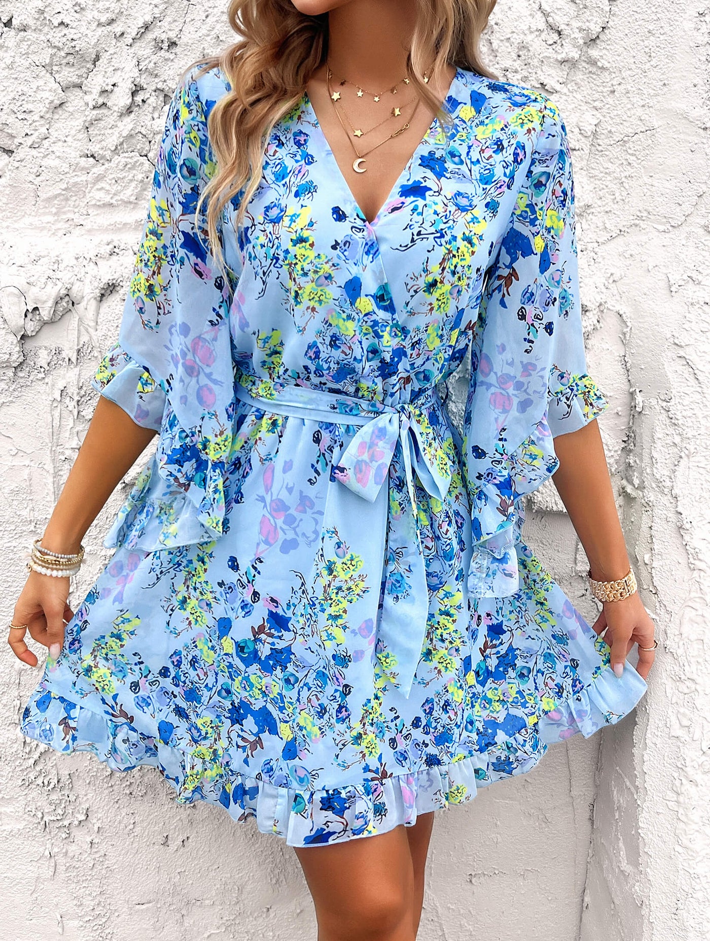 Sienna Floral Wrap Mini Dress - Sky Blue