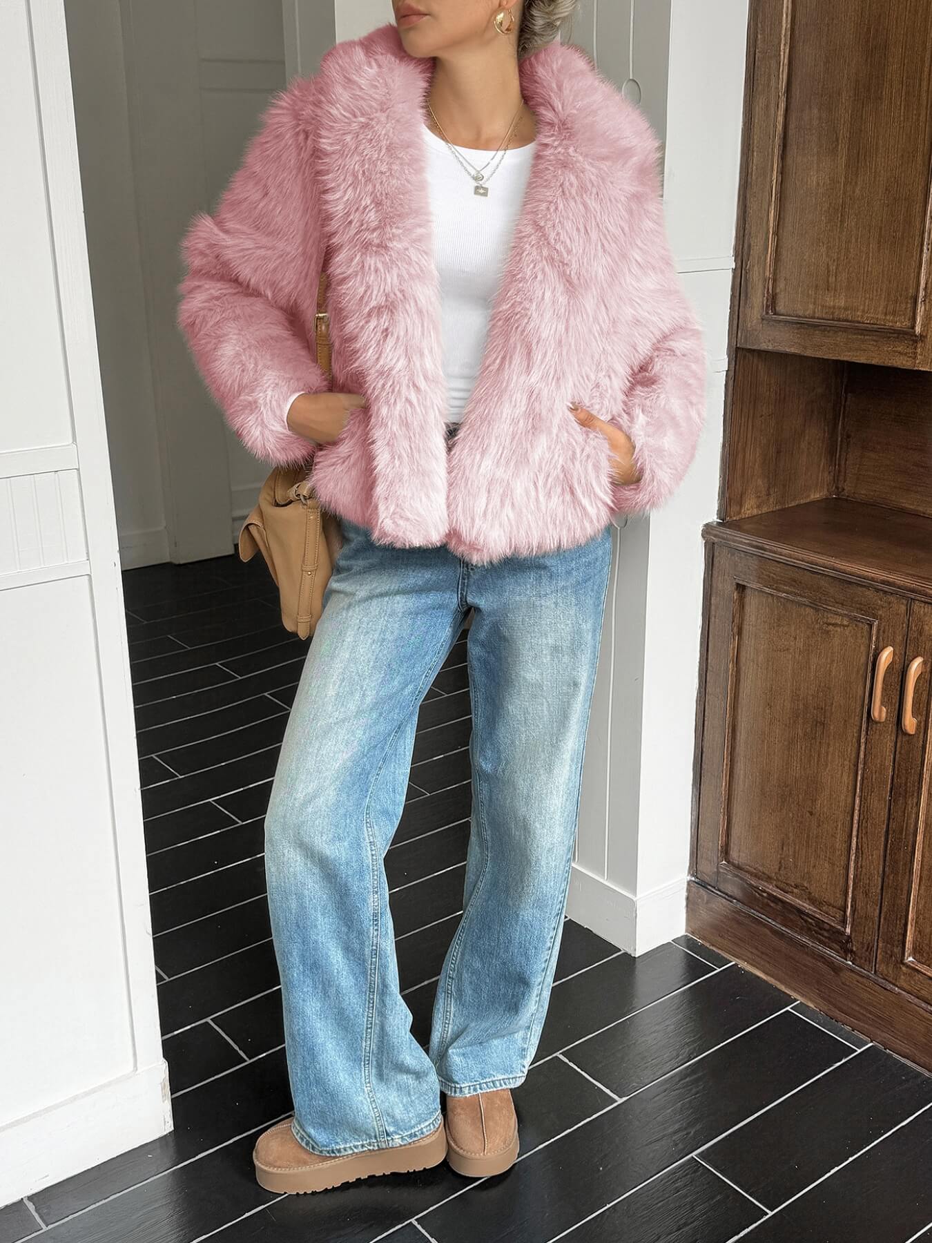 Bradlee Boucle Faux Fur Hoody Jacket - pink