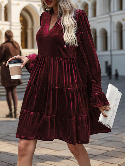 Kandi Velvet Tiered Mini Dress - Burgundy