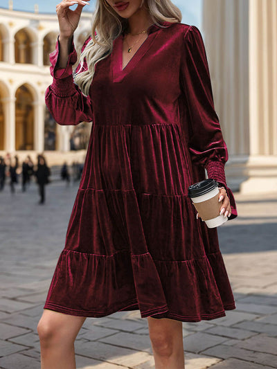 Kandi Velvet Tiered Mini Dress - Burgundy