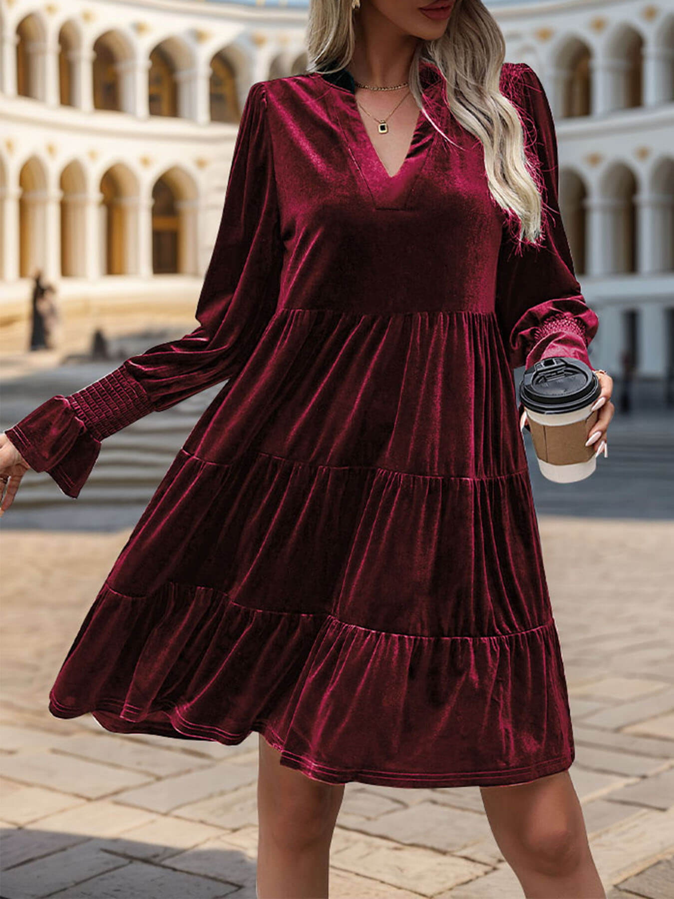 Kandi Velvet Tiered Mini Dress - Burgundy