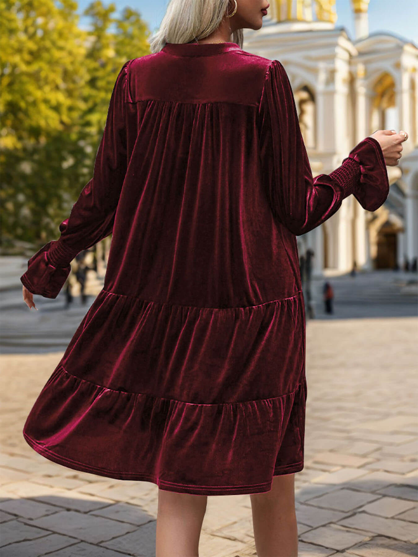 Kandi Velvet Tiered Mini Dress - Burgundy