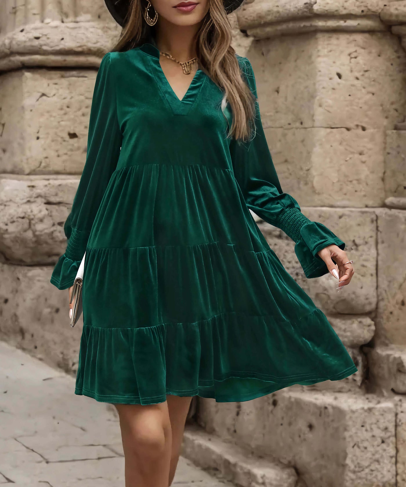 Kandi Velvet Tiered Mini Dress - Green