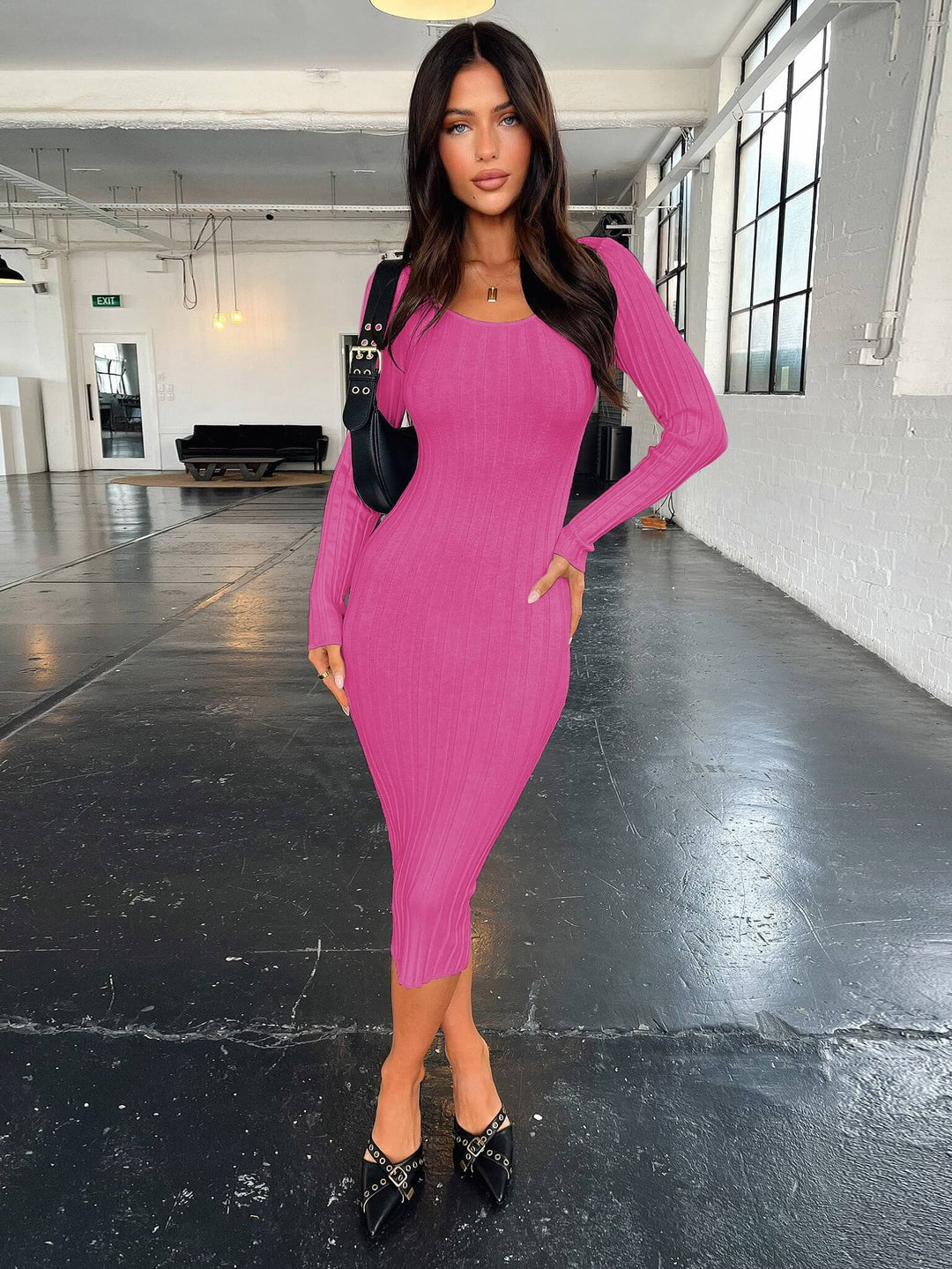 pink ribbed dress Fit Right In Midi Sweater Dress, M / 28% Polyester LPA Giulia Dress XS SCHL004774_B_S Size:20.0