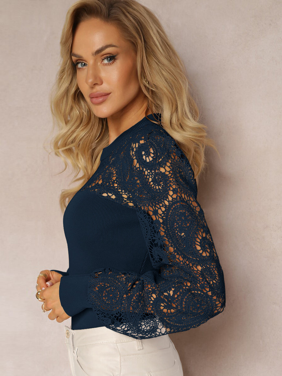 Good Feelings Paisley Lace Sleeve Top - navy