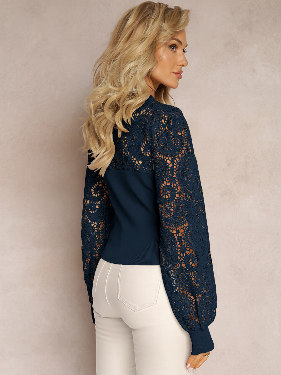 Good Feelings Paisley Lace Sleeve Top - navy